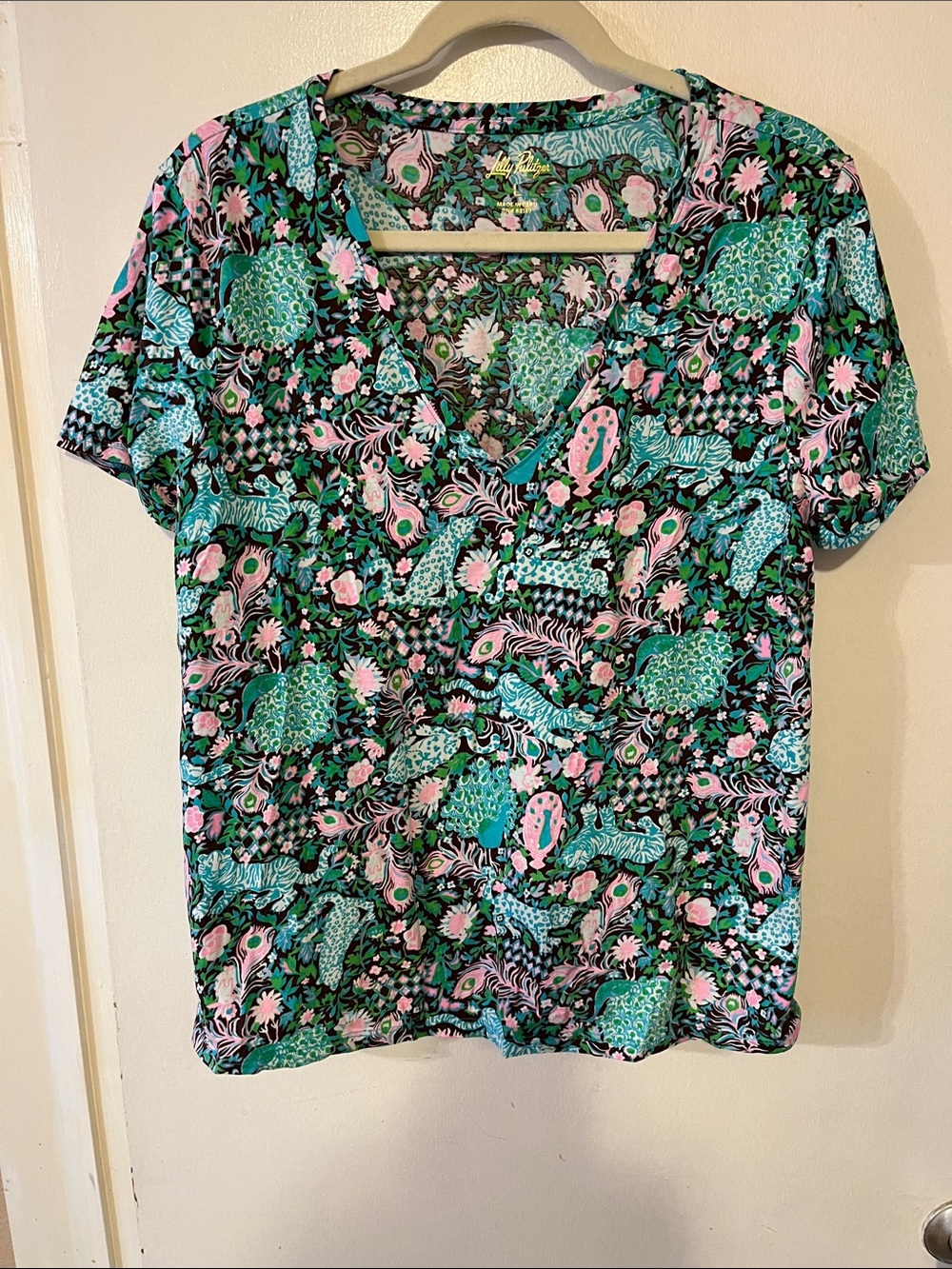 Lilly Pulitzer Teal, Pink & Black Floral V-Neck Tee